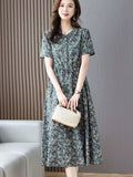 Patcute  Cotton Dresses Women New Summer Elegant Floral Print Drawstring Maxi Dress Casual Loose Mommy Clothes Robe Femme 4XL