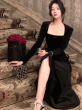 Patcute Elegant Velvet Long Dresses For Women Square Collar Slim Mermaid Autumn Winter Evening Party Prom Robe One Piece Vestidos Mujer