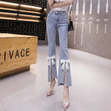 Patcute  Vintage  Summer Mom Jeans Bead Diamond Chain Bow Jeans Women's Elastic High Waist Flare Jeans Pants Women