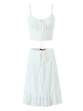 Patcute Lace Up White 2 Pcs Outfit Women Summer Dress Set 2024 New Beach Cotton Skirt Matching Set Midi Vestido Chic Sundress