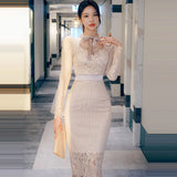 Patcute  Spring Autumn Koreay Style Lace Bow Collar Long Sleeve Female Chic Elegant Sheath Bodyocn Party Dress Women