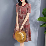 Patcute Fashion Round Neck Female Clothing Geometric Printing Summer 100% Mulberry Silk Vintage Patchwork Slim Midi A-line Dress