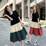 Patcute  Women Vintage Patchwork Mini Dresses Summer Casual Short Sleeve Pleated Dress Y2k Female Loose O Neck Streetwear Dress NS5678