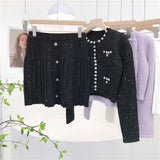 Patcute  Autumn New In Embellished Cropped Knit Pink Cardigan with Sequin Pleated A-Line High Waist Mini Skirt Set Short Jacket