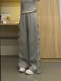 Patcute  Japanese-style spring wear a gray casual top female 2024 new bow design super sweet high waist slim wide-leg pants two-piece