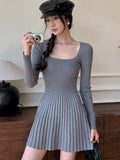 Patcute Elegant Solid Knitted Dress Women Long Sleeve Square Collar Autumn Winter Base Slim Dresses Korean Simple Pleated Vestidos New