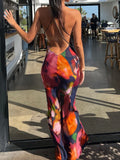 Patcute  Elegant Tie Dye Floral Chiffon Dress Summer Sexy Women Backless Lace Bodycon See Through  Beach Party Vestidos