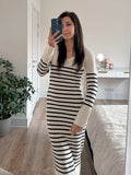 Patcute Stripe Bodycon Knitted Dresses For Women Long Knit Ribbed Black Striped Dress V Neck Elegant Maxi Dresses Women Long Sleeves