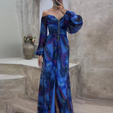 Patcute Sexy New Off Shoulder Tie Dye Pleated Bodycon Dress Women Fashion Printed Slit Banquet Party Dress Elegant Slim Folds Maxi Dress