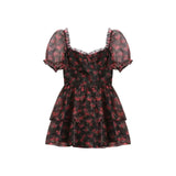 Patcute Square Collar Short Sleeve Floral Skirt Summer Big Bow Hollow-out Skirt Dress for Women