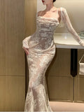 Patcute Sexy Bodycon Lace Long Dresses for Women Spaghetti Strap Wedding Party Dress Evening Maxi Mermaid Prom Robe Vestidos Mujer New