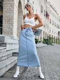 Patcute  Women Ligh Blue Long Denim Skirt Ladies Maong Maxi High Waist Jean A Line Skirt Dress For Women