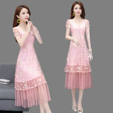 Patcute Elegant V-Neck Solid Color Gauze Spliced Embroidery Lace Dress Women's Clothing 2024 Summer New Loose Office Lady Party Dress