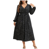 Patcute Women Long Sleeve Dress V Neck Fold Polka Dot Print Dress Waist Chiffon Long Dress Fashion Casual Autumn Plus Size Dress