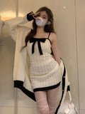 Patcute Winter Bow Design Kawaii Knitted 2 Piece Dress Set Woman Casual Sweater Cardigan Korean Style Sexy Club Party Dress Chic