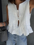 Patcute Summer Cotton Linen Shirts Women Sexy Lace-up Sleeveless Slim Blouse Holidays Outfits Fashion Pleated Casual Shirts 2024 Apricot