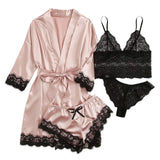 Patcute  Women' Silk Satin Pajamas Set 4pcs Lingerie Floral Lace Sleepwear With Robe Nightgown Long