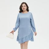 Patcute Plus Size Solid Color 2024 New Textured Ruffle Hem Dress Casual Crew Neck Long Sleeve Dress Women's Plus Size Clothing L034