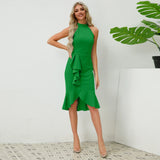 Patcute  High Quality Women Hot Selling Sexy Buttocks Wrapped Slim Fit Standing Collar Sleeveless Ruffled Fishtail Dress Vestidos Elegant