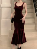 Patcute Elegant Solid Velvet Dress Women Spaghetti Strap Slim Mermaid Wrap Hip Autumn Vintage Female Evening Party Wedding Vestidos New