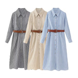 Patcute  Autumn/Winter New Product Women's New Fashion Casual Matching Belt Stripe Shirt Style Dress