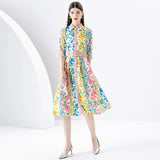 Patcute  Spring/Summer New Vintage Palace Style Turn-down Collar Waist Slim Mid Length A-line Printed Single Breasted Chiffon Dress