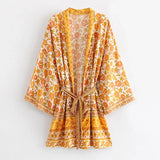 Patcute Women Cardigan Boho Blouse and Shirt Yellow Floral Print Kimono Sleeve Summer Blouses Beach Wear Hippie Blouse Blusa