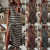 Patcute  Summer Dresses  Woman Plus Size Dresses For Women Casual Stripe Print V-neck Short Sleeve Loose Long Dress Robe Femme