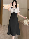 Patcute  2024 Black Patchwork Puff Sleeve Bow Ruffled Collar Midi Dress Women Korean Vintage Hepburn Robe Summer Elegant and Pretty Dress