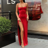 Patcute  Summer Women Elegant Sexy Spaghetti Strap Skims Long Dress Y2k Sleeveless Solid Skinny Slit Dress Bodycon Evening Dresses