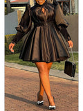 Patcute  Plus Size Women'S Dress Solid Color Evening Dress Pleated And Fluffy Sleeves Elegant Commuting Mini Dress