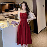 Patcute   Summer Women's French Pearl Collar Midi Dress Korean Ladies Graceful Evening Party Patchwork Red Gown Slim Waist Dresses