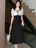 Patcute  2024 Black Patchwork Puff Sleeve Bow Ruffled Collar Midi Dress Women Korean Vintage Hepburn Robe Summer Elegant and Pretty Dress