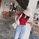 Patcute Mishow Women Tops Summer New Fashion Knitted Casual Tee Slim Single Breasted Short Sleeve Solid V Neck T-shirt Female MX19B5228