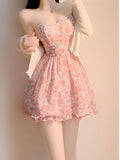 Patcute  Sweet New Pink Sexy Dress Sweet Fresh Style Fragmented Flowers Print Waist Wrapped Slim Student Summer Short Lovely 7DSB