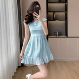 Patcute  2024 New Summer Blue Chiffon Holiday Dress Fashion Sweet Women O Neck Short Sleeve Ruffles Fold Slim Waist Party Midi Clothes