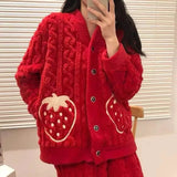 Patcute  Autumn Winter Coral Fleece Pajama Sets Women Single Breasted Turn-down Collar Home Suit Female Elastic Waist Cartoon Sleepwear