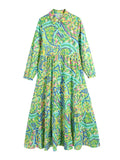 Patcute Paisley Print Shirt Dress Elegant Autumn Spring Green Dress Floral Print Boho Female Maxi Dress Long Sleeve Vestido 2024