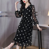 Patcute Black Silk Long Sleeve O-Dot Printed Bubble Sleeve Dress for Women's Spring/Summer New French Sweet Waist Silk Long Skirt