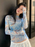 Patcute   Stand-up Collar Long-sleeved Tie-dye Thin Mesh Top Women 2024 Early spring Y2k Fashion Slim Streetwear Tops Blouses