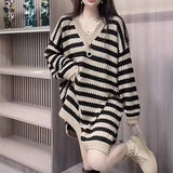 Patcute Spring Autumn New Hollow Stripe Knitted Skirt for Women's European Retro Mid Length Loose V-neck Long Sleeved Sweater Dress