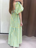 Patcute  Korean style Summer Plaid Print Ruffle Square Neck Checked Dress Short Sleeve Tie Up Strap Gingham Midi Dress Women