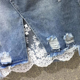 Patcute  Elegant Lace Patchwork Denim Skirt Woman Summer Hole Raw Edge Split Design Mini Skirts Women Korean High Waist A-Line Skirt