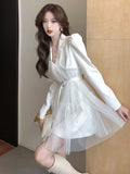 Patcute Female dress White suit A-line dress V-neck spliced office suit mini dresses elegant women midi dresses high quality women suit