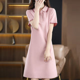 Patcute  Woman New 100% Cotton Soft Dress Polo Collar Long Loose Large Size Pullover Sweater Spring Summer Short Sleeve Bottoming Dress