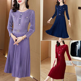 Patcute Pleated Dress 2024 Spring/Summer New O-neck Long sleeved Slimming Elastic Waist Small Fragrance Splicing Magic Dress