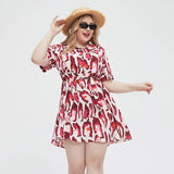 Patcute Plus Size Dress 100% Polyester Dresses For Women Summer Elegant Party Lapel Neck Printed Dress Short Sleeves Over Size Clothing