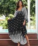 Patcute Cotton Rayon Ethnic Print Cover-Ups Women Robe Boho Beach Wear Kimono Maxi Dress V Neck Loose Oversize Kaftan Vestidos