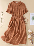 Patcute  Cotton Shirt Dress  New Summer Peter Pan Collar Short Sleeve Drawstring Midi Dresses Casual Loose Slim Beach Sundress