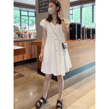 Patcute Sweet V-Neck Button Spliced Folds Puff Sleeve Mini Dress Female Clothing 2024 Summer New Loose Casual Solid Color Princess Dress